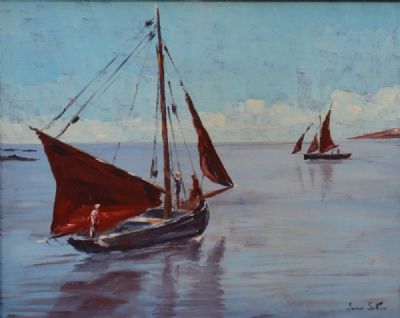 GALWAY HOOKERS SETTING SAIL OFF KINVARD, CO. GALWAY by Ivan Sutton  at deVeres Auctions