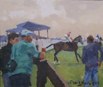 AT THE FENCE - BELLEWSTOWN RACES by Desmond Hickey  at deVeres Auctions