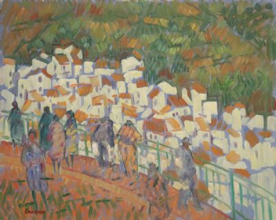FIGURES ON A BALCONY, NERJA by Desmond Carrick  at deVeres Auctions