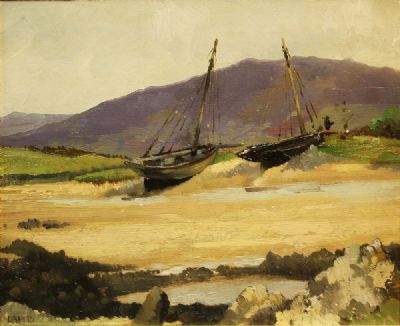 SHORELINE WITH BEACHED BOATS by Charles Vincent Lamb sold for €3,000 at deVeres Auctions