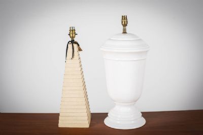 A CREAM ZIGGURAT WOODEN TRIANGULAR STEPPED LAMP, at deVeres Auctions
