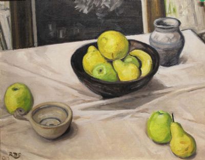 APPLES AND LEMONS IN A BLACK BOWL by Rosaleen Brigid Ganly  at deVeres Auctions