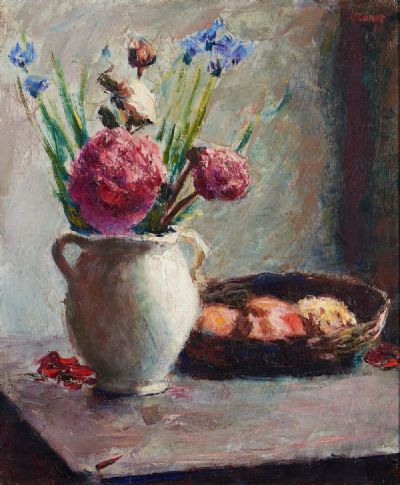 PEONIES AND IRIS IN A VASE AND A BOWL OF FRUIT by Roderic O'Conor  at deVeres Auctions