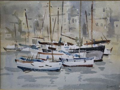 BOATS ROUNDSTONE HARBOUR, c.1950 by Desmond Carrick sold for €260 at deVeres Auctions