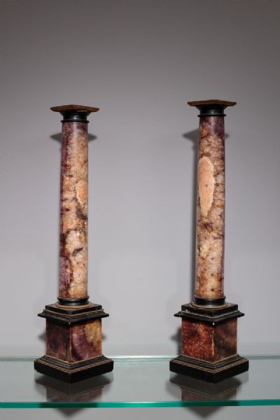 A PAIR OF 'BLUE JOHN' MARBLE AND GILT BRONZE 'GRAND TOUR' COLUMNS, CONVERTED TO CANDLESTICKS at deVeres Auctions
