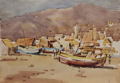 BOATS IN A LOW TIDE HARBOUR by Desmond Carrick sold for €220 at deVeres Auctions