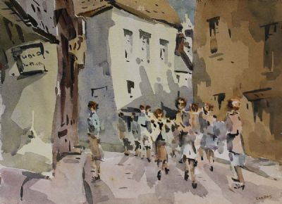 STROLLING THROUGH THE TOWN by Desmond Carrick sold for €200 at deVeres Auctions