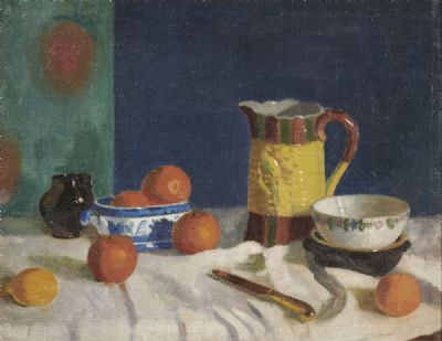 STILL LIFE WITH CERAMIC POTS ON A WHITE CLOTH by James Sinton Sleator  at deVeres Auctions