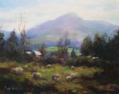 SHEEP GRAZING IN A MOUNTAINEOUS LANDSCAPE by Deirdre O'Donnell  at deVeres Auctions