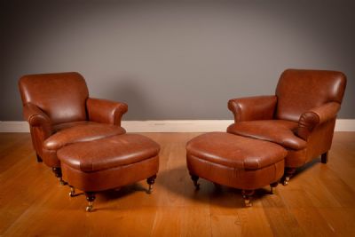 PAIR OF BROWN LEATHER CLUB CHAIRS AND STOOLS, at deVeres Auctions