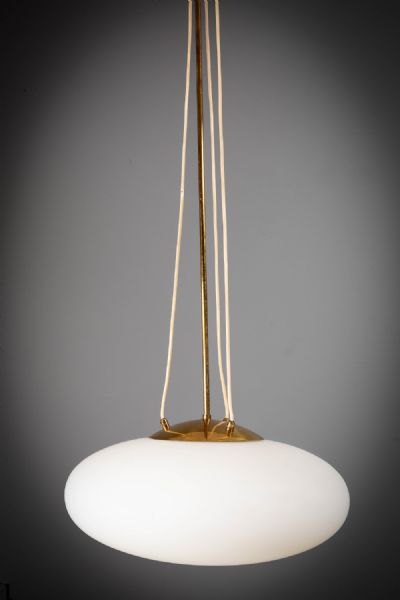 A GILT METAL AND MILK GLASS HANGING LIGHT, ITALIAN, 1960s, at deVeres Auctions