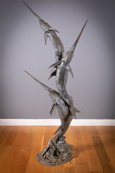 A LARGE METAL GARDEN FOUNTAIN OF THREE JUMPING SWORDFISH, at deVeres Auctions