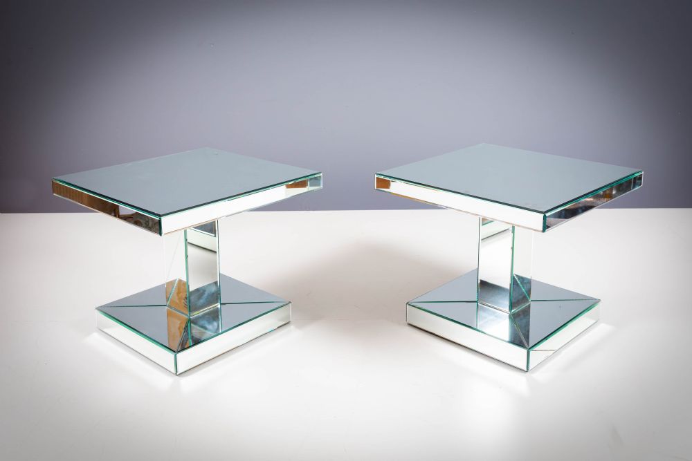 A PAIR OF SQUARE MIRRORED SIDE TABLES, MODERN,