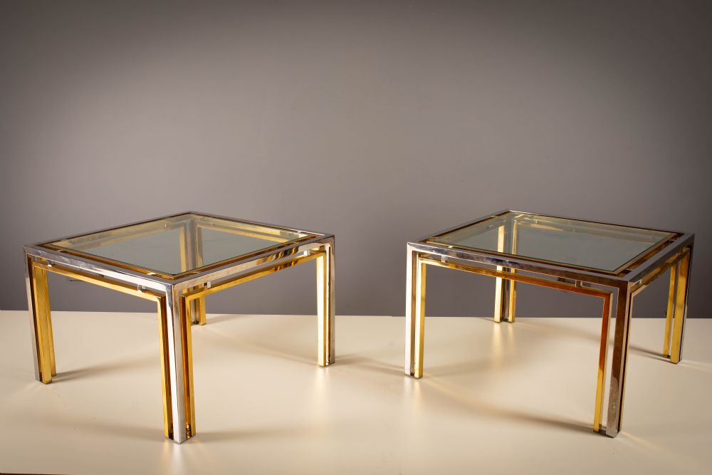 A PAIR OF GILT METAL AND CHROME SQUARE TABLES, ITALIAN 1960's.