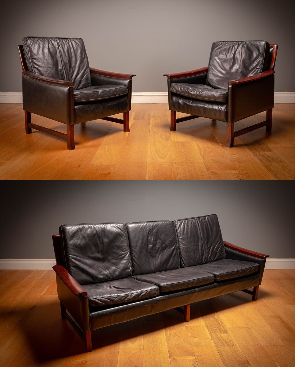 A FINE ROSEWOOD AND LEATHER THREE PIECE MINERVA SUITE