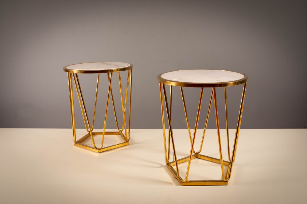 A PAIR OF BRASS CIRCULAR SIDE TABLES, FRENCH,