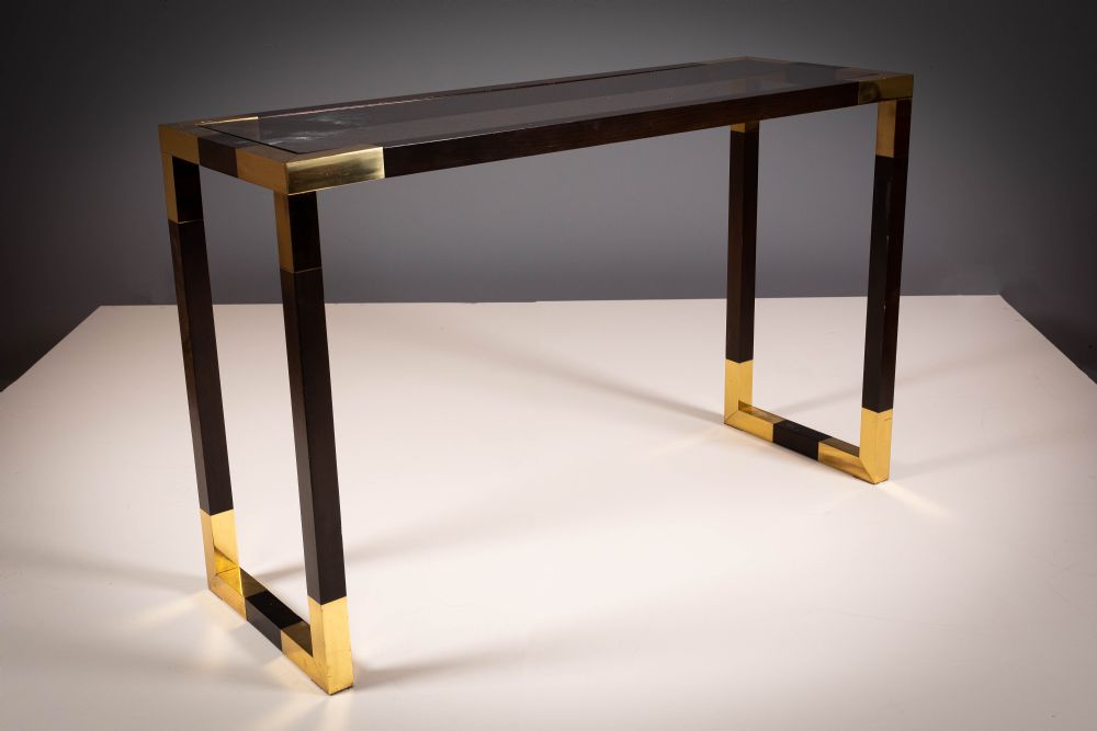 A GILT METAL AND TEAK ANGULAR CONSOLE TABLE, FRENCH