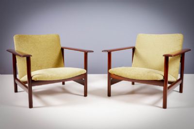 A PAIR OF TEAK FRAMED UPHOLSTERED EASY CHAIRS, DANISH at deVeres Auctions