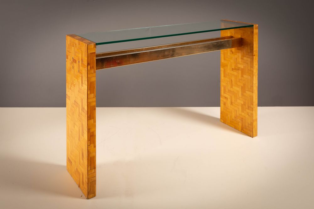 A PARQUETRY AND GILT COSOLE TABLE, FRENCH.