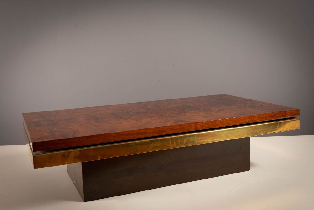 A BURR WALNUT AND GILT RECTANGULAR LOW TABLE, FRENCH 1970
