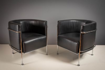 A PAIR OF BLACK LEATHER AND CHROME FRAMED TUB CHAIRS, by CORINTO,  at deVeres Auctions