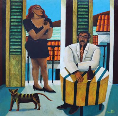MAN, WOMAN AND CAT IN INTERIOR by Graham Knuttel  at deVeres Auctions