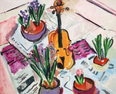 STILL LIFE WITH VIOLIN AND PLANTS by Elizabeth Cope  at deVeres Auctions
