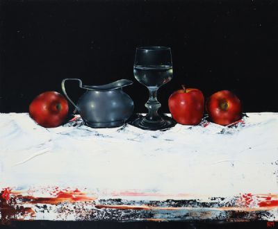 STILL LIFE WITH RED APPLES AND GLASS by Rebekah Mooney  at deVeres Auctions