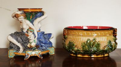 184 by A MAJOLICA JARDINIERE AND WEDGEWOOD FIGURES  at deVeres Auctions