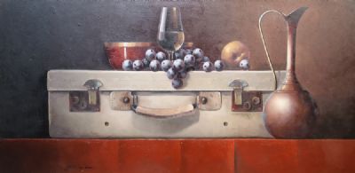 STILL LIFE OF A SUITCASE, JUG AND FRUIT by David ffrench le Roy  at deVeres Auctions