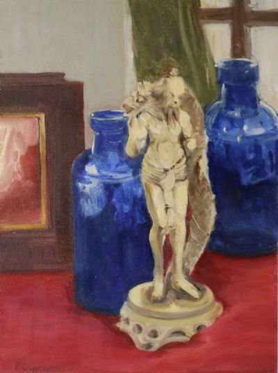 BLUE BOTTLES AND STATUE by Patrick Copperwhite  at deVeres Auctions