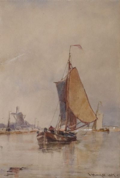 DUTCH SAILING BARGE ON A CALM WATERWAY by Edwin Hayes.  at deVeres Auctions