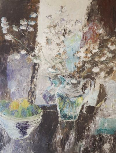 STILL LIFE WITH FLOWERS AND A BOWL OF FRUIT by Aidan Bradley  at deVeres Auctions
