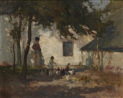 WOMAN AND CHILD FEEDING CHICKENS by Frank McKelvey  at deVeres Auctions