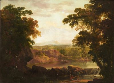A MOUNTAINOUS RIVER LANDSCAPE WITH FISHERMEN by George Barrett  at deVeres Auctions