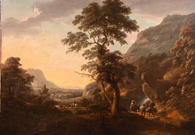 ROCKY RIVER LANDSCAPE WITH TRAVELLERS AND A RUINED ABBEY by William Ashford  at deVeres Auctions