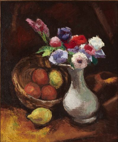 STILL LIFE WITH A VASE OF FLOWERS AND FRUIT ON A TABLE by Roderic O'Conor  at deVeres Auctions