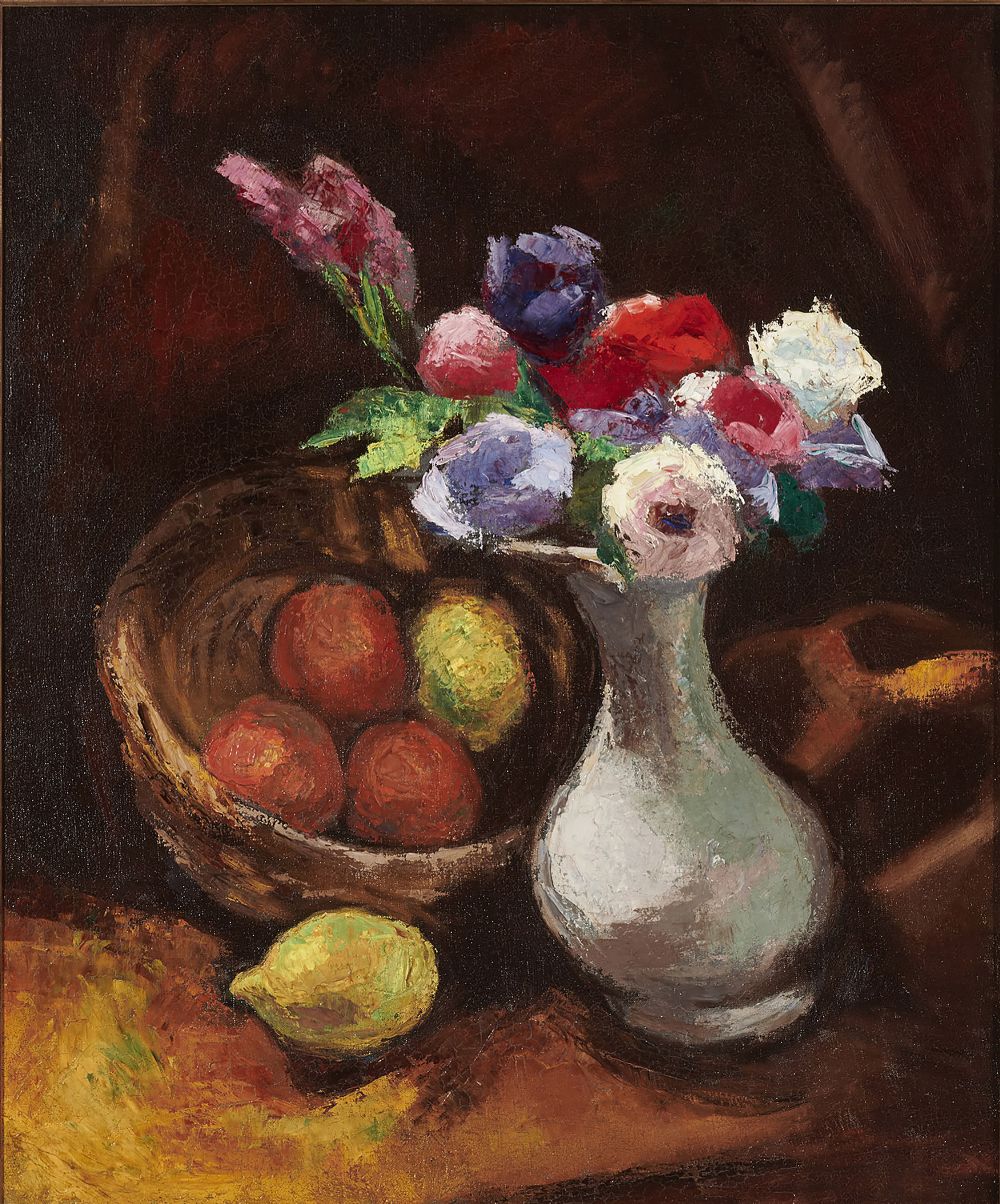 Lot 23 - STILL LIFE WITH A VASE OF FLOWERS AND FRUIT ON A TABLE by Roderic O'Conor