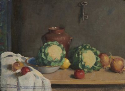 STILL LIFE - FRUIT AND VEGETABLES ON A TABLE by James Sinton Sleator  at deVeres Auctions
