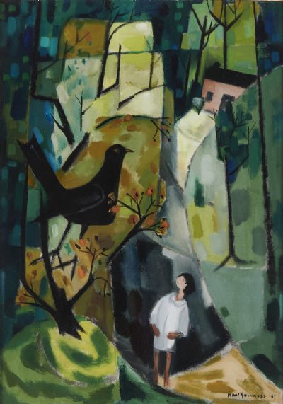 BLACKBIRD AND GIRL IN A LANDSCAPE WITH COTTAGE by Norah McGuinness sold for €75,000 at deVeres Auctions