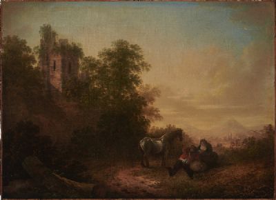 A RUINED LANDSCAPE WITH HORSE AND TRAVELLERS by James Coy  at deVeres Auctions