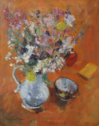 SUMMER FLOWERS IN A WHITE JUG by Christine Peterson  at deVeres Auctions