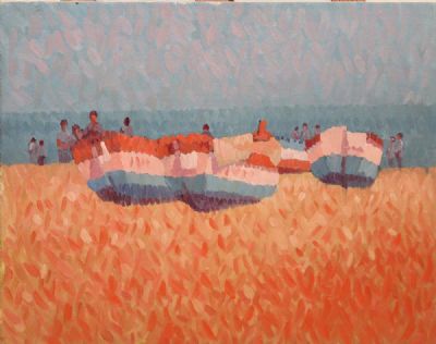 BOATS ON THE BEACH by Desmond Carrick sold for €550 at deVeres Auctions