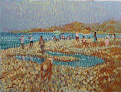 FISHING ON THE BEACH by Desmond Carrick sold for €750 at deVeres Auctions